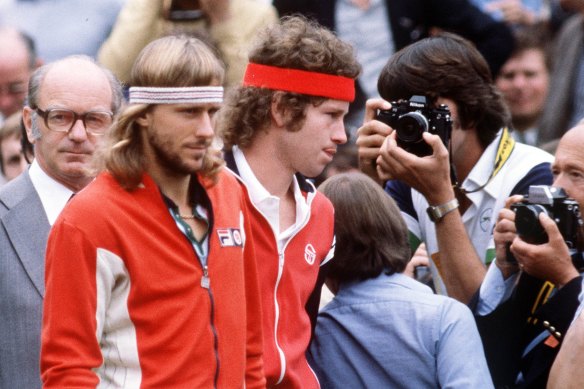 Bjorn Borg, left, and John McEnroe at Wimbeldon Centre Court on Men’s Single’s final day in 1980.