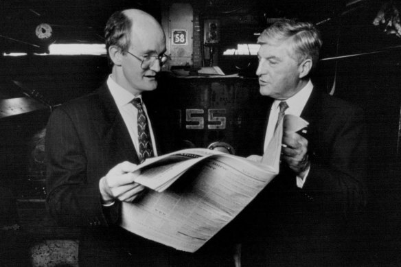Gerard Noonan (left) during his time as editor of the Australian Financial Review
