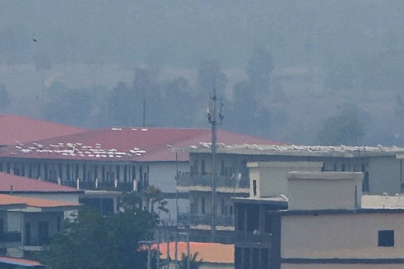 Satellite dishes that appear to look like Starlinks can be seen on the roofs of buildings in KK Park in Myanmar’s Karen State on the Thailand-Myanmar border.