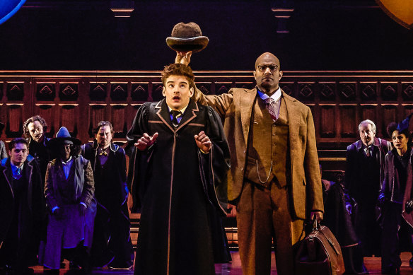 Michael Bani as The Sorting Hat, with Ben Walter as Albus Potter in the reimagined Harry Potter and the Cursed Child.