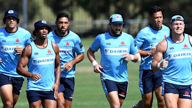 Star-studded: Waratahs players Karmichael Hunt, Kurtley Beale, Curtis Rona, Adam Ashley-Cooper, Israel Folau and Jack Dempsey at training.