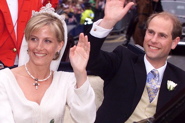 Prince Edward and Sophie Rhys-Jones wave to the crowd following their wedding in St George's Chapel, Windsor Castle Saturday, June 19, 1999. 