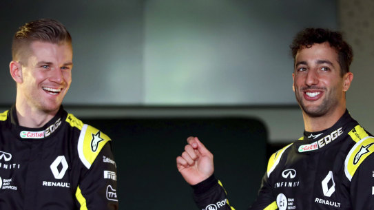 Daniel Ricciardo (right) in his new Renault colours, which he'll competitively race in for the first time in Melbourne.