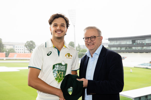 Sam Konstas of the PM’s XI is pictured with Australian Prime Minister Anthony Albanese before day one of the tour match.