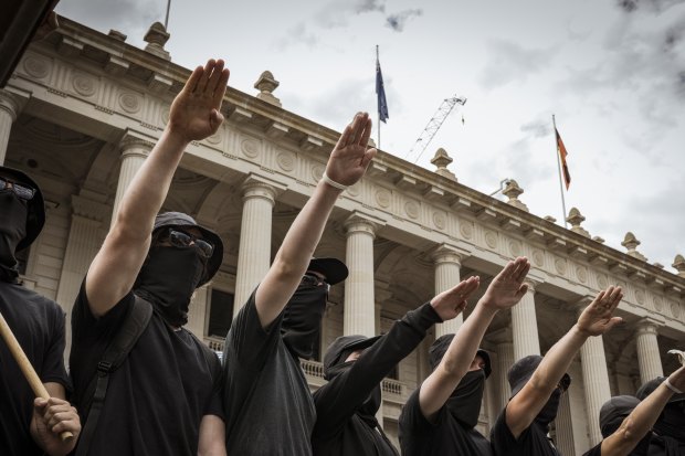 Neo-Nazis salute outside Parliament House in Melbourne during the Let Women Speak rally in March.