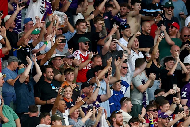 The Barmy Army infiltrates the Perth Glory away fans section at AAMI Park in Melbourne.