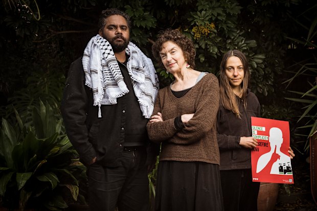 Fiona Cochrane (centre), with son Norbert Williams and close family friend Pia Ewings, are regulars at the pro-Palestine protests.