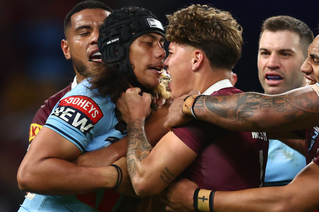 Jarome Luai and Reece Walsh lock horns during Origin II last year before both were sent from the field. 