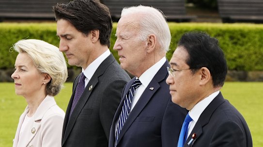 (L-R) European Commission President Ursula von der Leyen, Canadian Prime Minister Justin Trudeau, U.S. President Joe Biden and Japanese Prime Minister Fumio Kishida in Hiroshima on Friday.