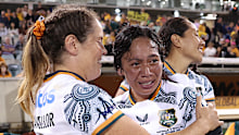Emily Chancellor and Cecilia Smith of the Wallaroos react.