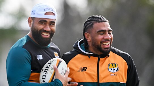 ADELAIDE, AUSTRALIA - JULY 10: Co captain Lukhan Salakaia-Loto and Hoskins Sotutu  during the AUNZ Invitational XV Squad Training Session at Tregenza Oval on July 10, 2025 in Adelaide, Australia. (Photo by Mark Brake/Getty Images)