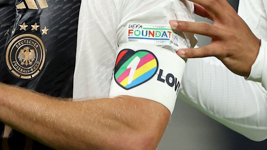 The One Love armband that caused controversy at the men’s World Cup in Qatar.