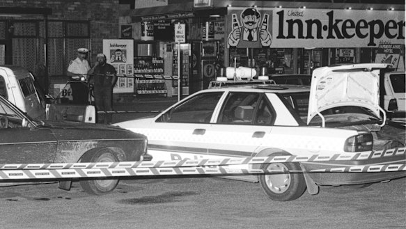 December 1992: The scene of the shooting is taped off by police at the Farmers Arms Hotel in Creswick.