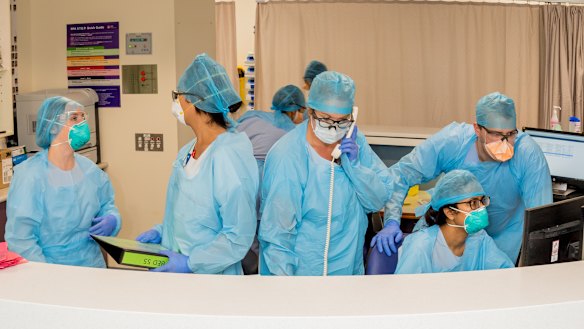 Front-line staff at work at Royal Prince Alfred's COVID-19 intensive care unit.