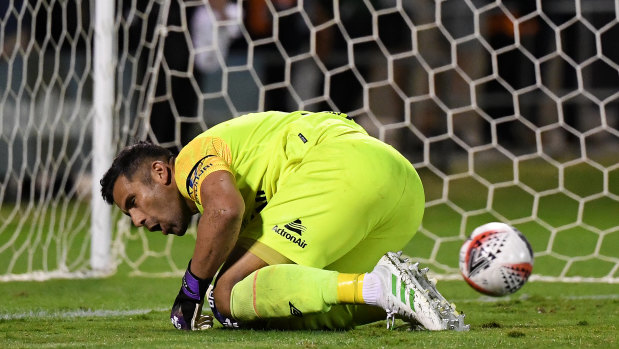 Roar goalkeeper Jamie Young failed to make a save during the penalty shoot-out at Redcliffe.