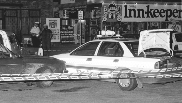 December 1992: The scene of the shooting is taped off by police at the Farmers Arms Hotel in Creswick.