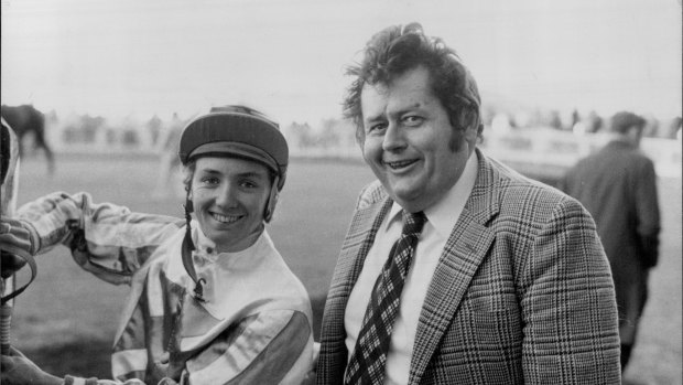 Larger than life: Ken Turner with jockey Miles Plumb at Randwick in 1980.