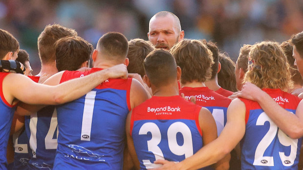 Max Gawn addresses his players before the round 10 match between the Adelaide Crows and the Melbourne Demons.