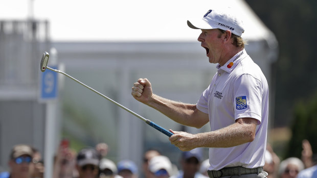 Slice of history: Brandt Snedeker reacts after making a birdie putt on his final hole to shoot 59.