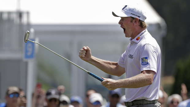 Rarity: Brandt Snedeker reacts after making a birdie putt on his final hole to shoot 59.