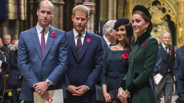 Happier days: Prince William, Duke of Cambridge (left), and Catherine, Duchess of Cambridge (right), with Prince Harry, Duke of Sussex, and his wife, Meghan, attending a service marking the centenary of World War I armistice.