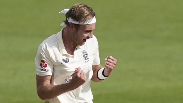 Stuart Broad celebrates one of his three first innings wickets.