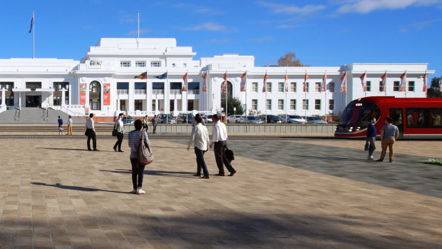 An artist's impression of the tram in front of Old Parliament House. This route is likely to be dropped in favour of a State Circle alignment, which will be easier to get approved.