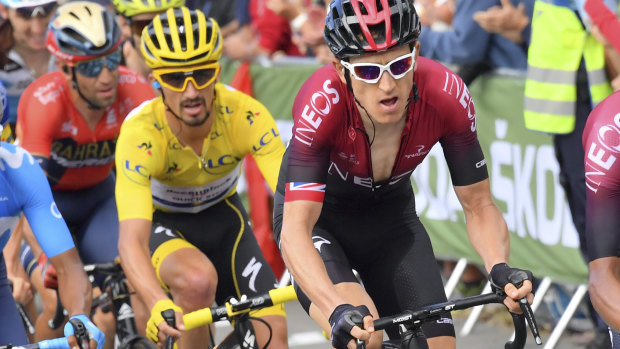 Tightening: Britain's Geraint Thomas (right) and overall Tour de France leader Julian Alaphillpe of France.