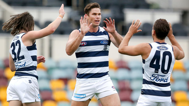 Top Cat: Coleman Medal leader Tom Hawkins dominated up forward again for Geelong.
