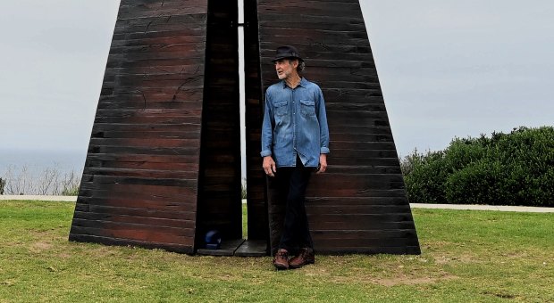 Tony Davis with his sculpture Folly Interstice after winning the $70,000 top prize at Sculpture by the Sea.
