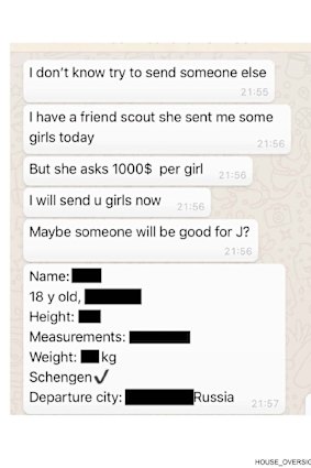 A text thread about sending girls for someone identified as “j” for $1000 each.
