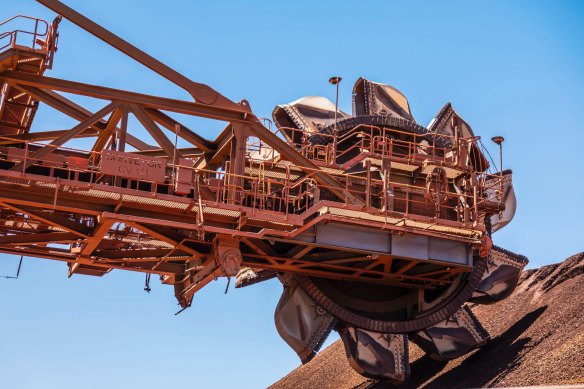 A reclaimer at the ore stockpile at the BHP Jimblebar facility in the Pilbara region of Western Australia.