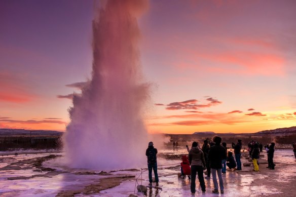 Strokkur Geysir at dusk.