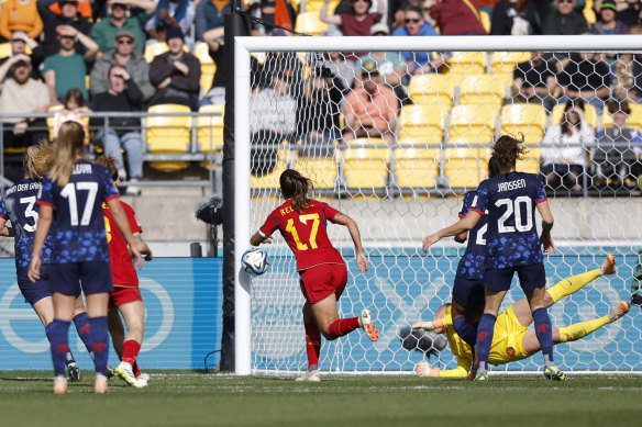 Spain’s Alba Redondo shoots at goal and hits the post.