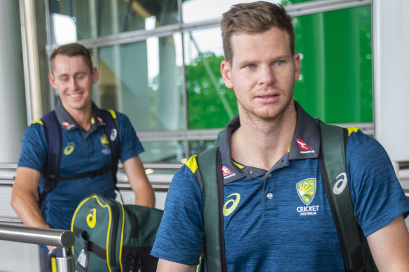 Steve Smith (right) and Marnus Labuschagne arrive in Brisbane ahead of the Heat's BBL clash against the Sixers.