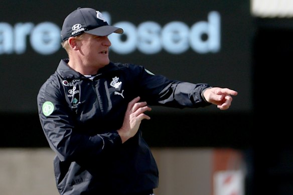 Carlton coach Michael Voss takes training at Unley Oval in Adelaide on Wednesday.