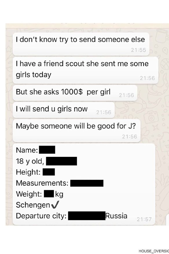 A text thread about sending girls for someone identified as “j” for $1000 each.