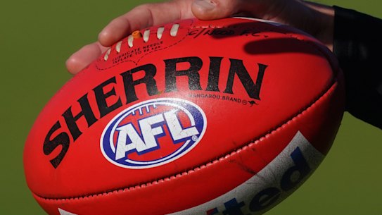 A Sherrin football is seen during an AFL Magpies training session at Holden Centre in Melbourne, Friday, May 22, 2020. (AAP Image/Michael Dodge) NO ARCHIVING
