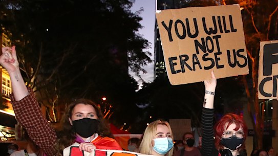 Protestors rally against the Religious Discrimination Bill in Brisbane. where Citipointe Christian College asked its students to sign an enrolment contract agreeing to their biological gender and denouncing homosexuality. The principal retracted the policy and apologised but some continue to call for his resignation. 