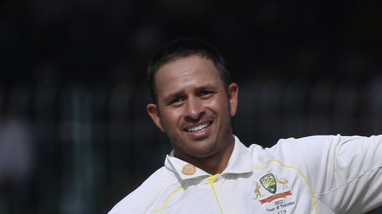 Usman Khawaja celebrates a century during Australia’s tour of Pakistan last March.