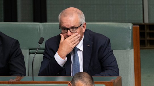 Former Prime minister and member for Cook Scott Morrison during Question Time in the House of Representatives at Parliament House in Canberra on November 28, 2022. Fedpol. Photo: Rhett Wyman/SMH