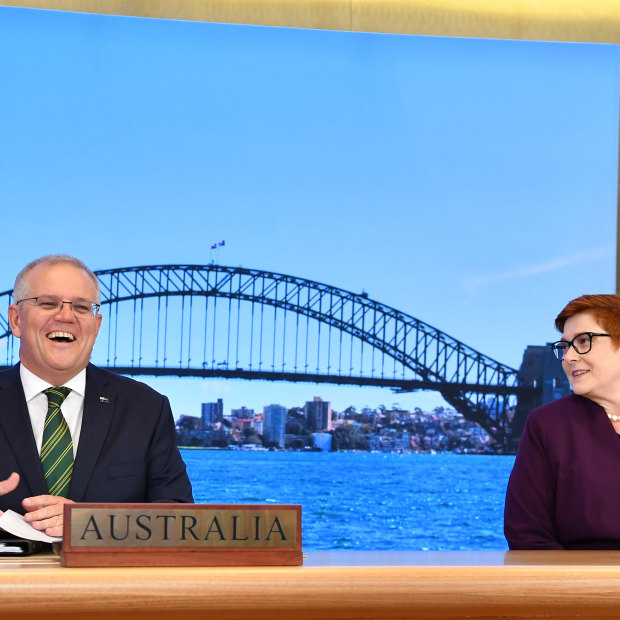 Prime Minister Scott Morrison and Minister for Foreign Affairs Marise Payne during the inaugural Quad leaders meeting with the President of the United States Joe Biden, the Prime Minister of Japan Yoshihide Suga and the Prime Minister of India Narendra Modi in a virtual meeting in Sydney on March 13.