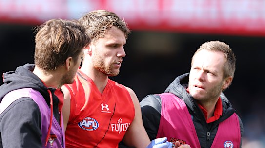 A concussed Jordan Ridley is helped off Adelaide Oval.