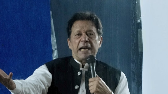 Former prime minister Imran Khan speaks during a rally in Lahore, Pakistan, in March. 