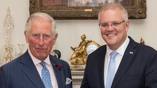 Prime Minister Scott Morrison meets Prince Charles at Buckingham Palace.