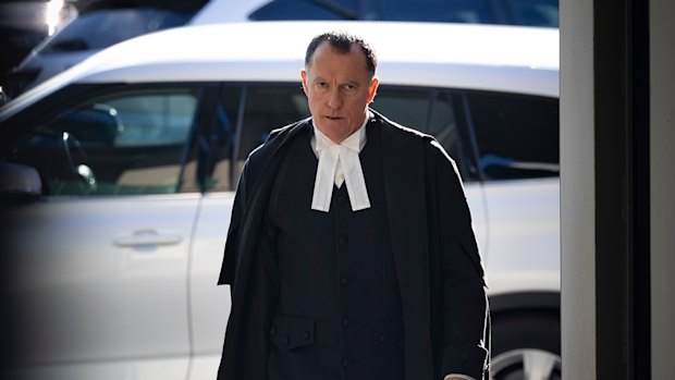 Colin Mandy, SC, arrives at court on Wednesday as he continues his closings submissions for Erin Patterson.