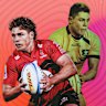 James O’Connor in Crusaders colours, and playing for the Wallabies (right) against the Lions in 2013.