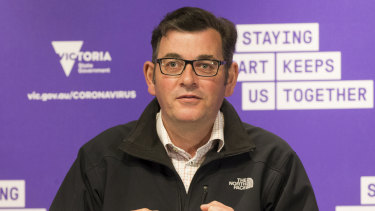 Premier Daniel Andrews in his North Face jacket on Monday. 
