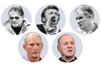 The five coaching pillars: Ron Willey, Jack Gibson, Warren Ryan, Wayne Bennett, Tim Sheens