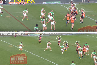 The Wests Tigers defence last year was caught out retreating too often, including this match against South Sydney in round 16.